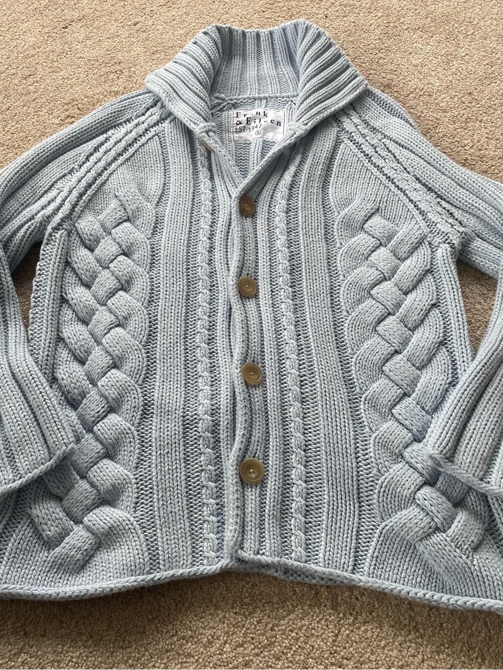 Frank & Eileen Light Blue Cable-Knit Shawl Collar Cardigan